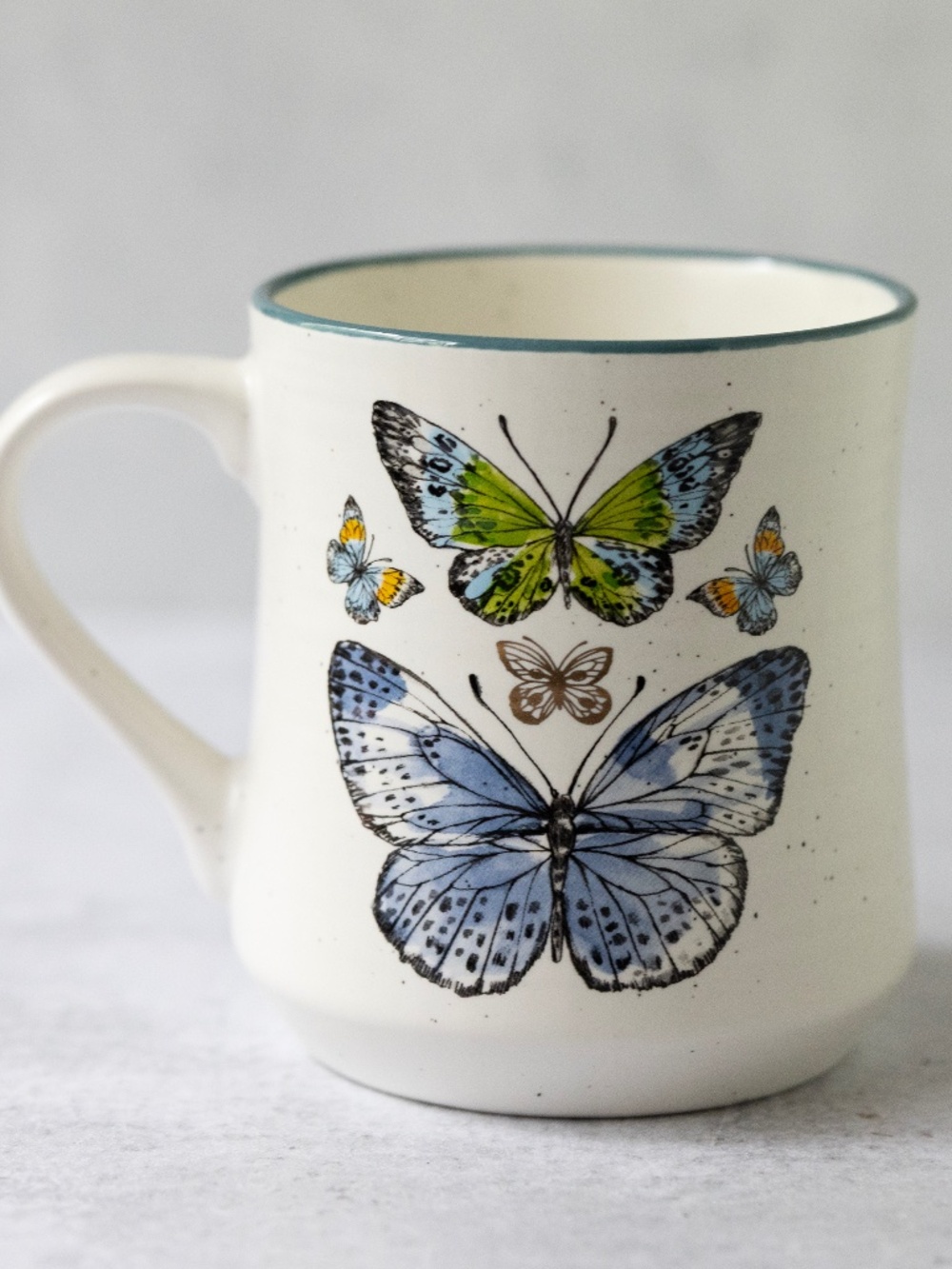 Seeds & Sunshine Large Coffee Mug Gold Trim Blue Green Butterflies 16 oz